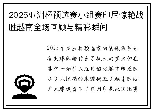 2025亚洲杯预选赛小组赛印尼惊艳战胜越南全场回顾与精彩瞬间